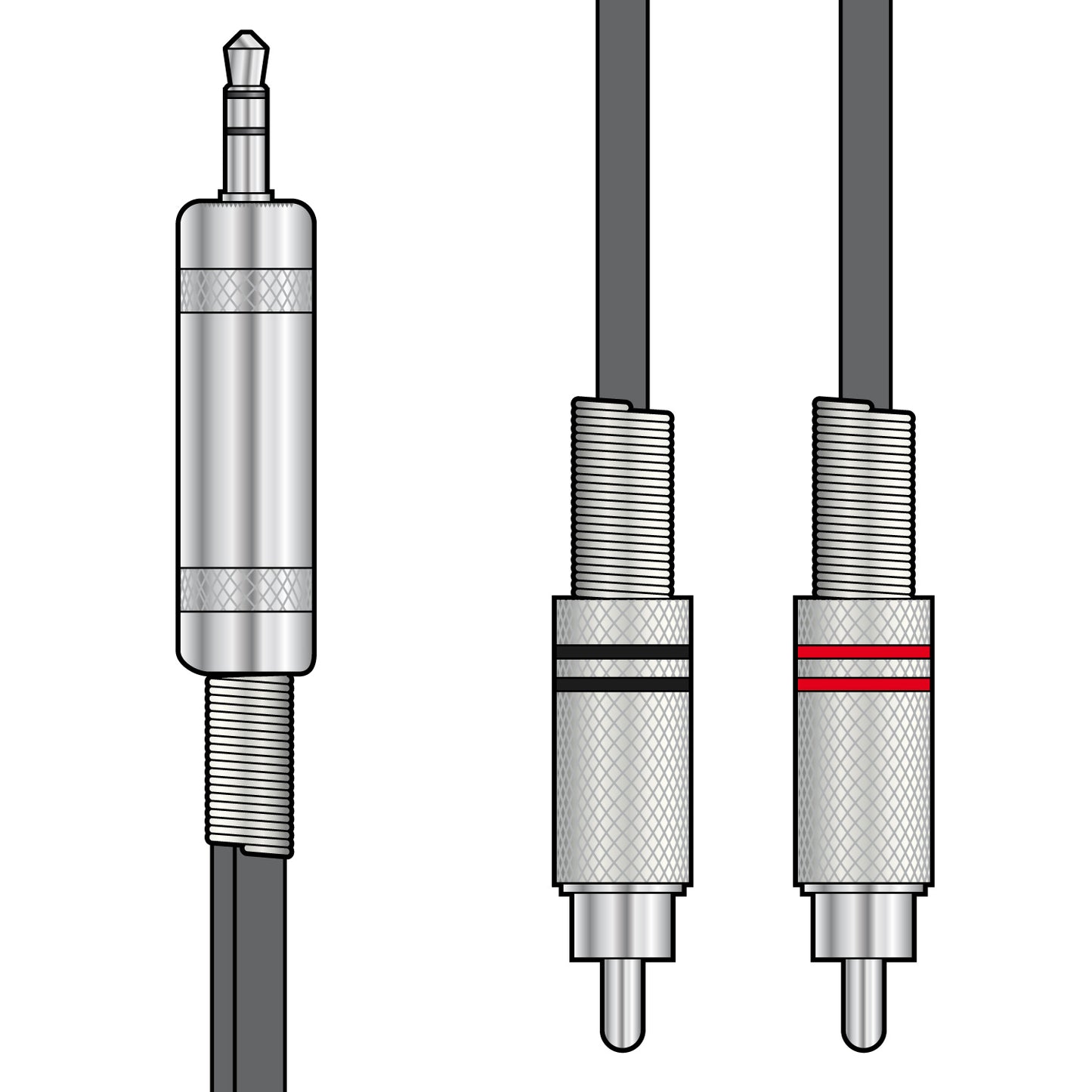 Two metal RCA audio connectors, one with a red stripe to a metal 3.5 stereo jack on a white background