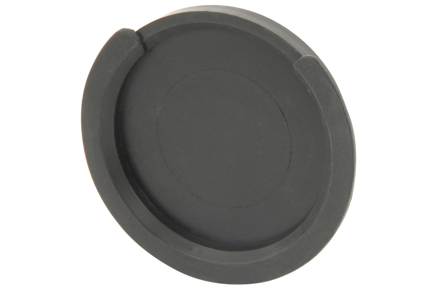 Round, flat, black opaque rubber on a white background