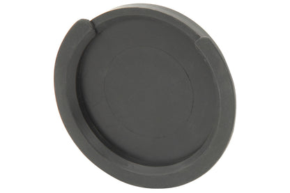 Round, flat, black opaque rubber on a white background