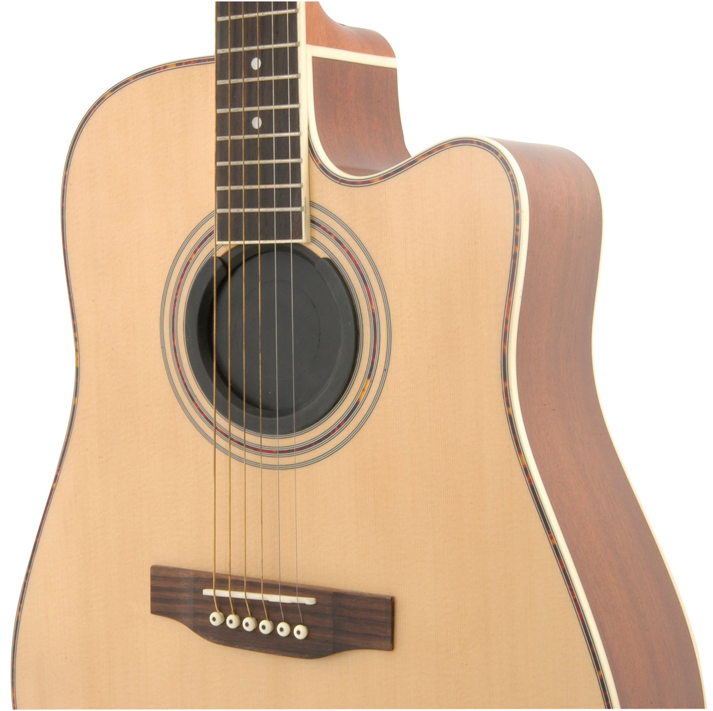 Acoustic guitar with a wooden body and neck, with sound hole closed by the Soundhole Block on a white background