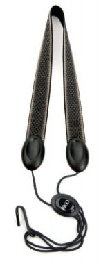 Black strap with a clip on a white background