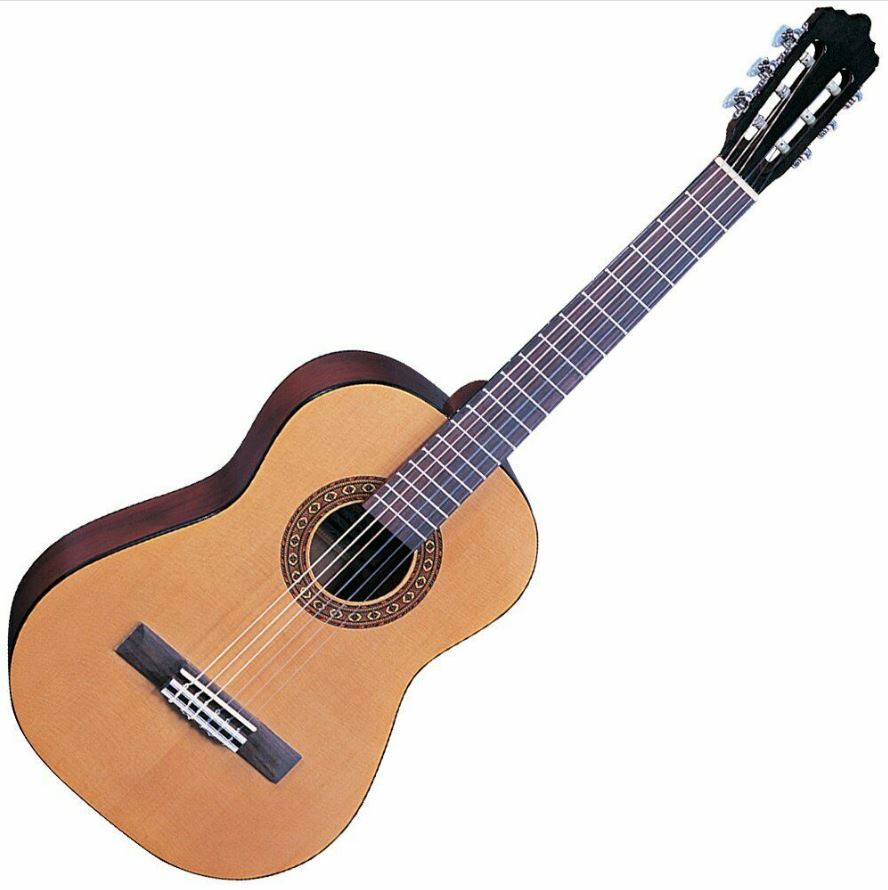 Classical guitar with a wooden body and dark wood neck on a white background