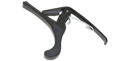 Black guitar capo on a white background