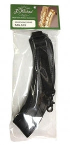Black sax strap with padding and black clip on a white background