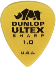 Yellow guitar pick with Dunlop Ultex branding and size 1.0 on a white background