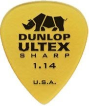 Yellow guitar pick with Dunlop Ultex branding on a white background