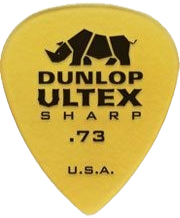 Yellow guitar pick with Dunlop Ultex branding and a rhino logo.
