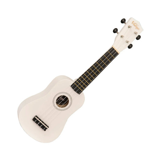 White ukulele with a black fingerboard and bridge, silver and black machine-heads.  Two thin black circle around the sound hole make a simple rosette. The Brand Vintage is printed in gold on the headstock. 