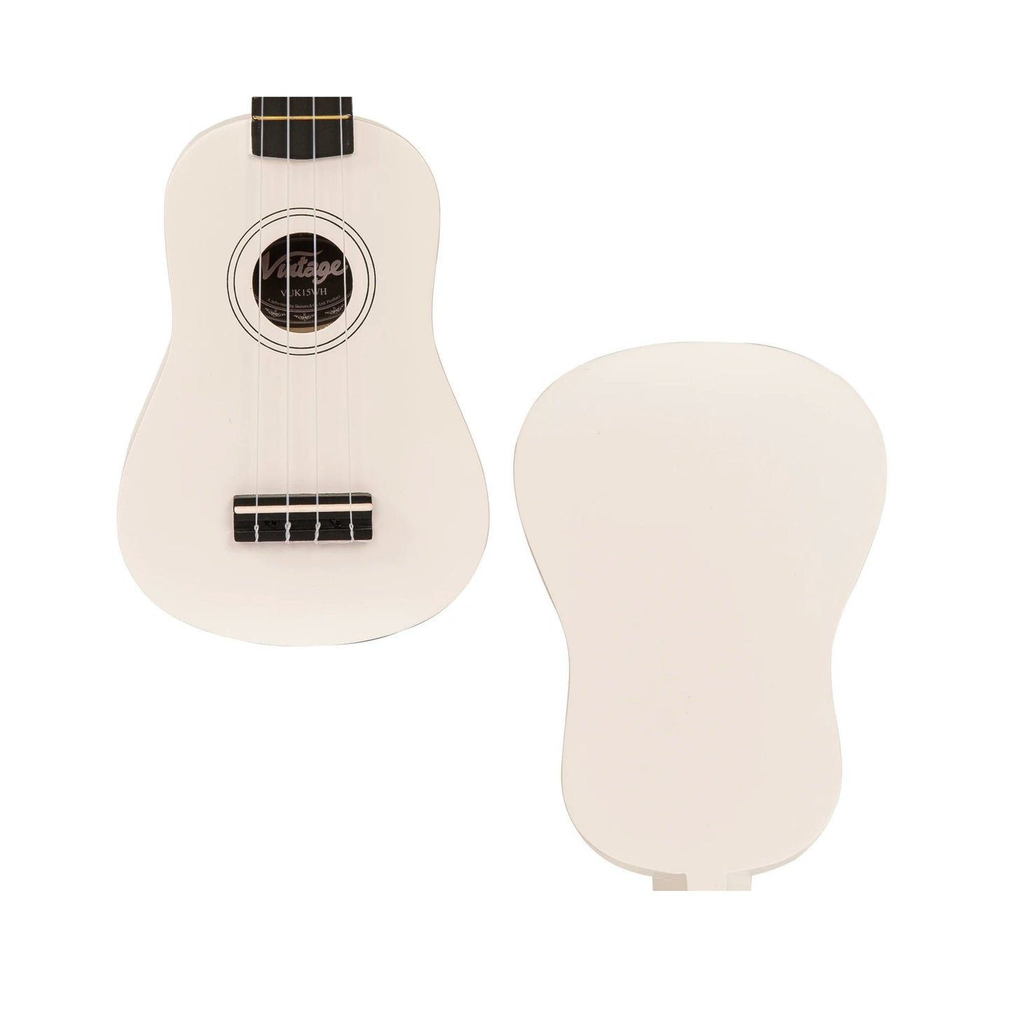 Two view of the same ukulele front and back of the hollow body.
