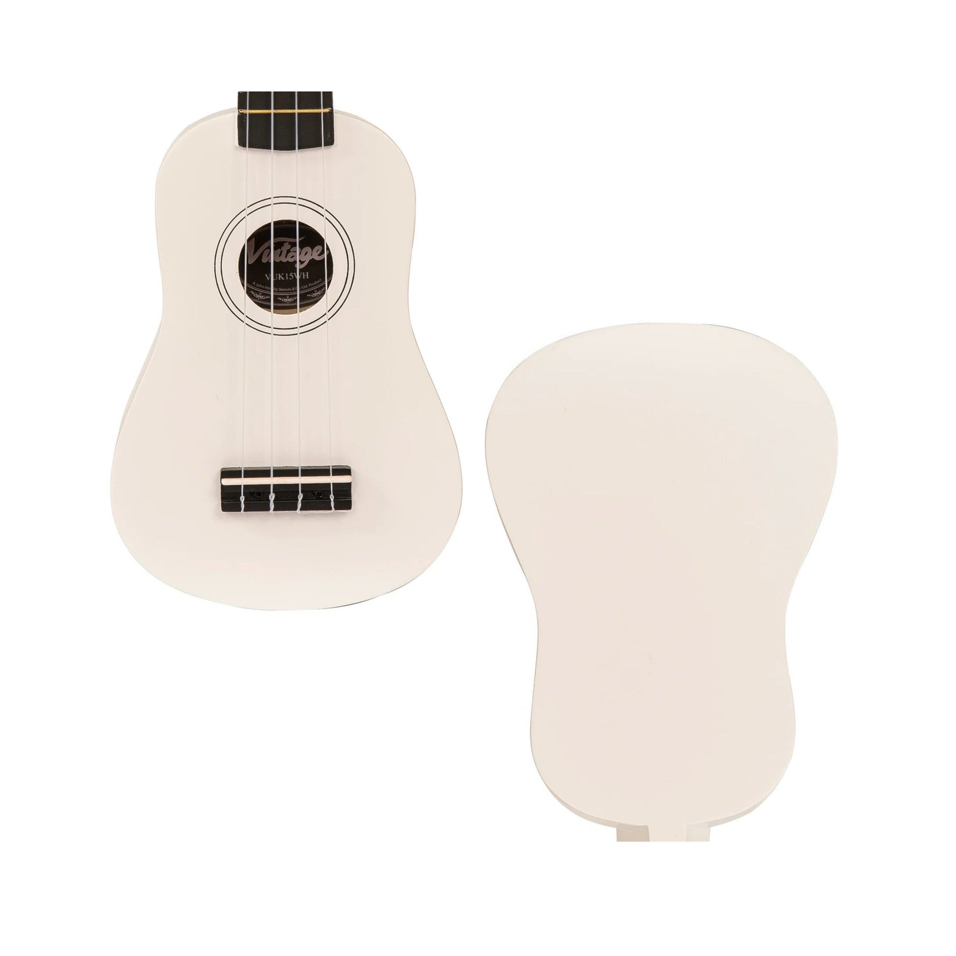 Two view of the same ukulele front and back of the hollow body.
