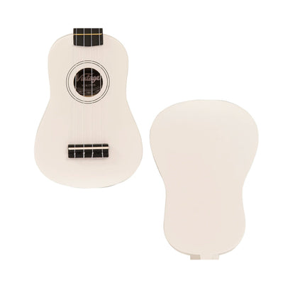 Two view of the same ukulele front and back of the hollow body.