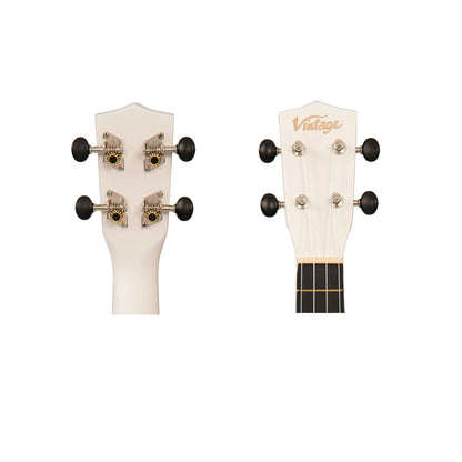 Two view of the ukulele head, front with 'Vintage' branding and back view shows open machine heads with black tips.