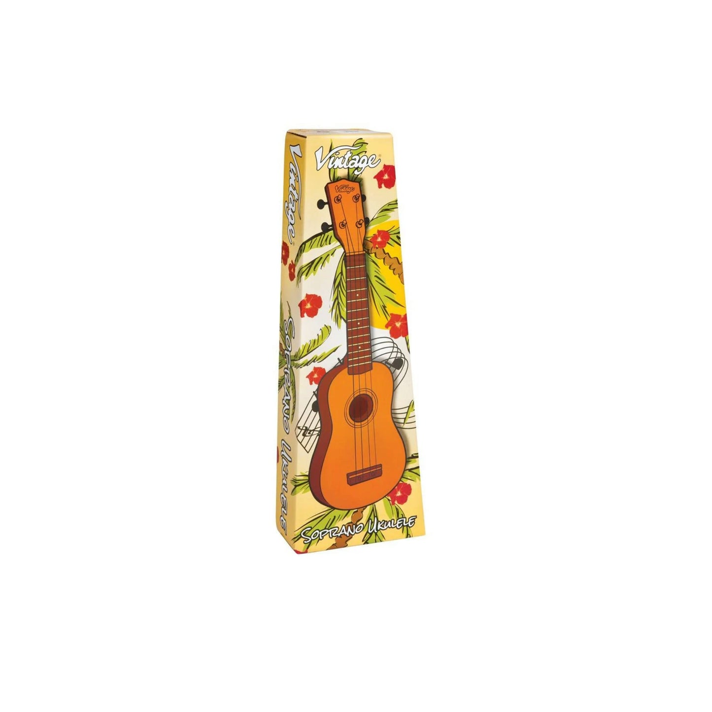 Boxed ukulele with floral design on a white background