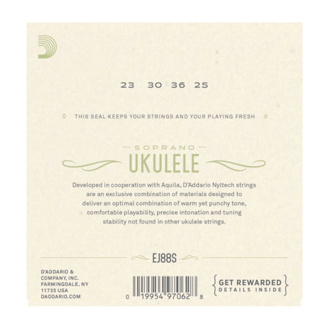 Ukulele string set packaging with D'Addario branding and specifications.