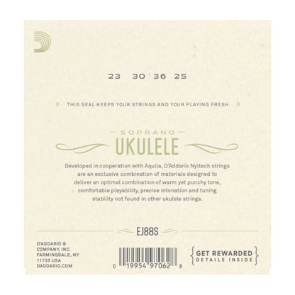 Ukulele string set packaging with D'Addario branding and specifications.