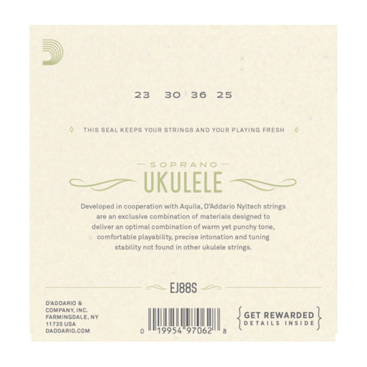 Ukulele string set packaging with D'Addario branding and specifications.