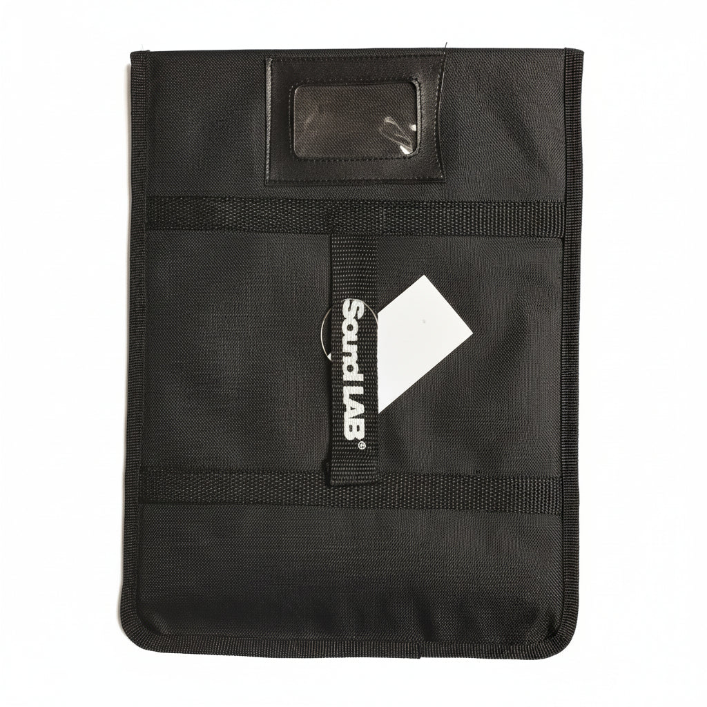 A black fabric pouch with a clear plastic window, a black elastic strap, and a white hanging tag that reads 'Sound LAB' on a light gray background.