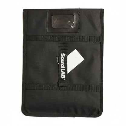 A black fabric pouch with a clear plastic window, a black elastic strap, and a white hanging tag that reads 'Sound LAB' on a light gray background.