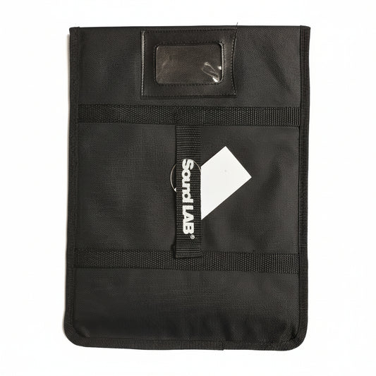 A black fabric pouch with a clear plastic window, a black elastic strap, and a white hanging tag that reads 'Sound LAB' on a light gray background.
