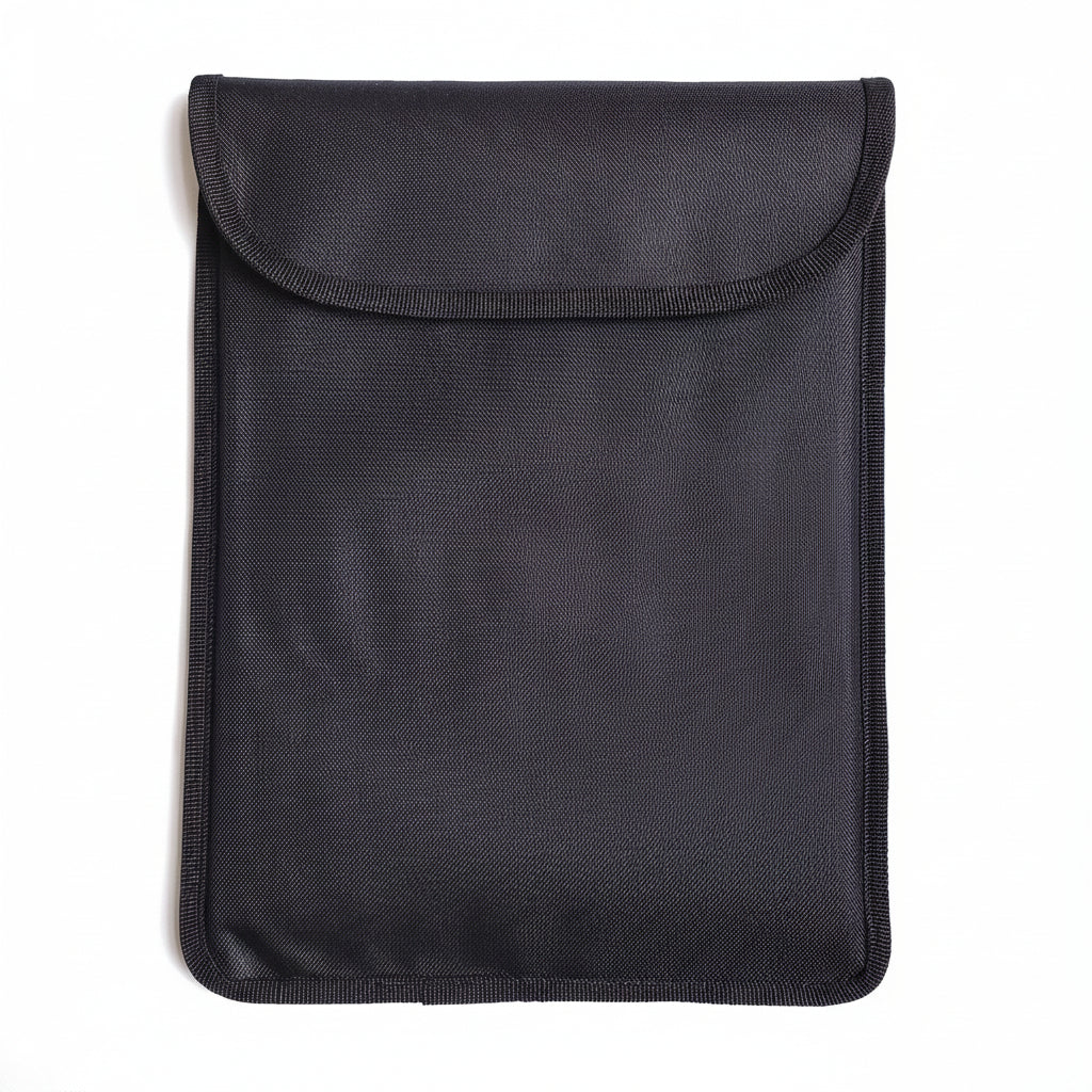 A black fabric sleeve or pouch with a flap closure, photographed flat against a plain light background.