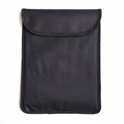 A black fabric sleeve or pouch with a flap closure, photographed flat against a plain light background.