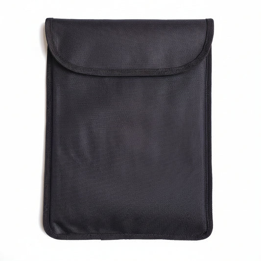 A black fabric sleeve or pouch with a flap closure, photographed flat against a plain light background.