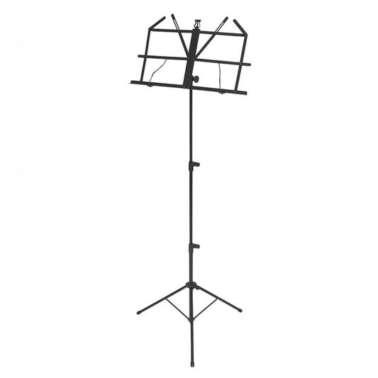 Black music stand with a sheet music holder on a white background