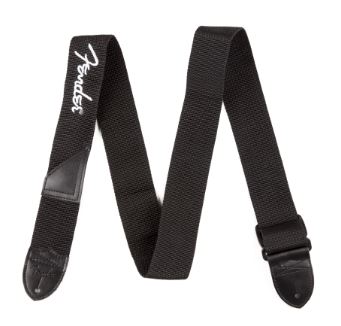fender strap with white stitched brand 