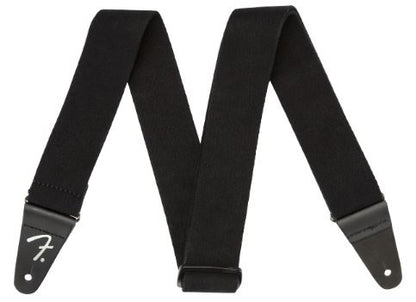 Black guitar strap with a brand logo on one of the leather end, on  a white background