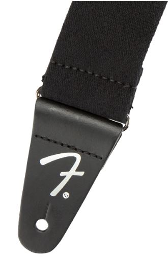 Black guitar strap with a brand logo on a white background