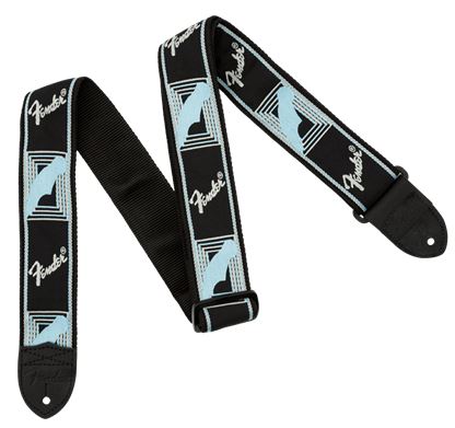 black fender strap with light blue design