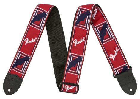 Red fender strap with blue and red design