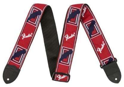 Red fender strap with blue and red design