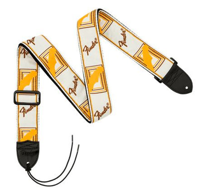 white fender strap with yellow and brown design