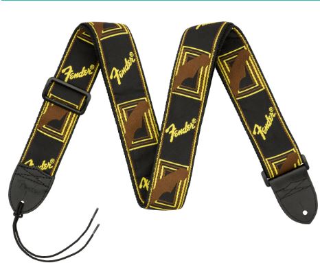 Black fender strap with yellow and brown design