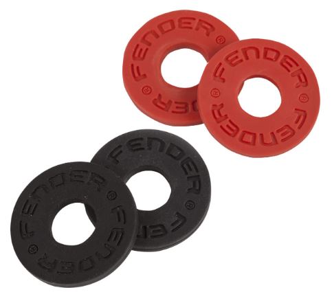 Red and black Fender guitar bridge washers on a white background