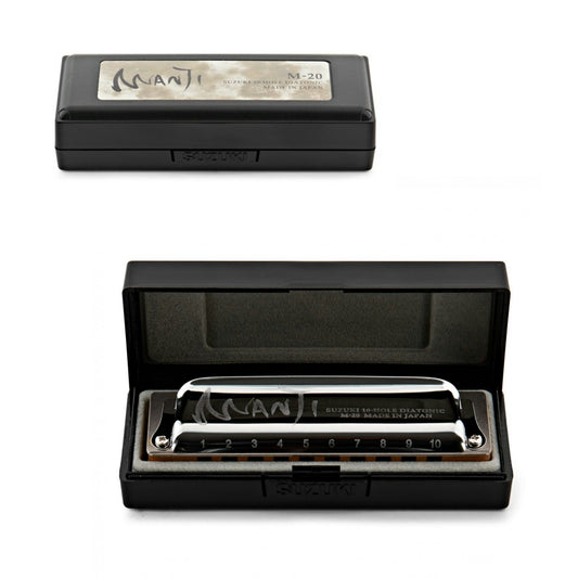 Two images in one. both of the Manji harmonica with hard-shell on a white background. one, the had shell is closed. two, the hard shell is open and the harmonica is visible.