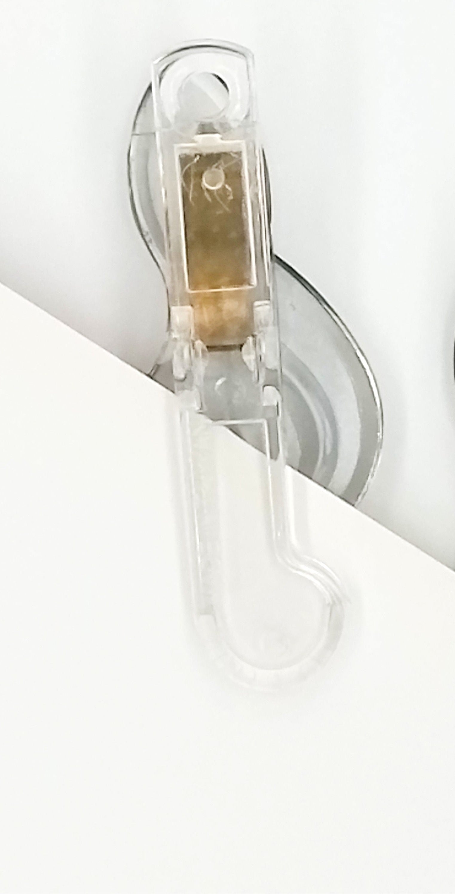 Close-up of two clear plastic paper clips 