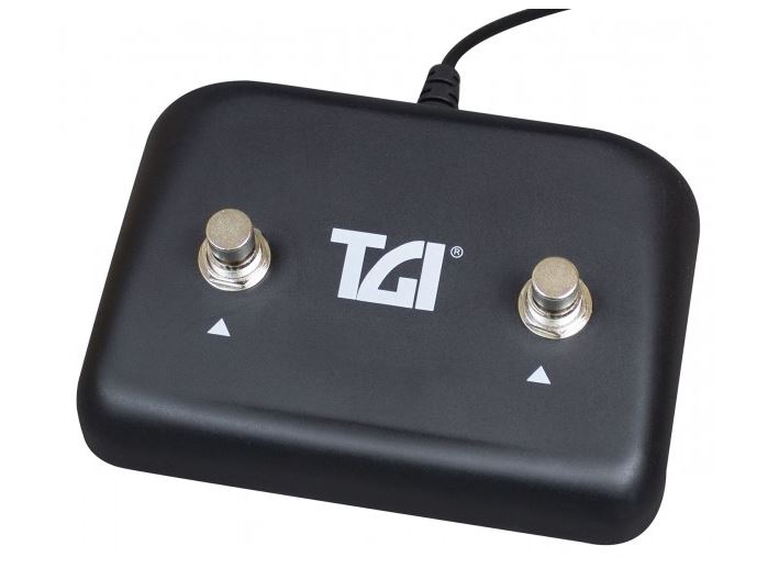 Black foot pedal with two silver buttons and TGI logo on a white background
