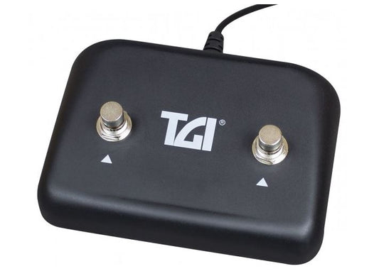 Black foot pedal with two silver buttons and TGI logo on a white background