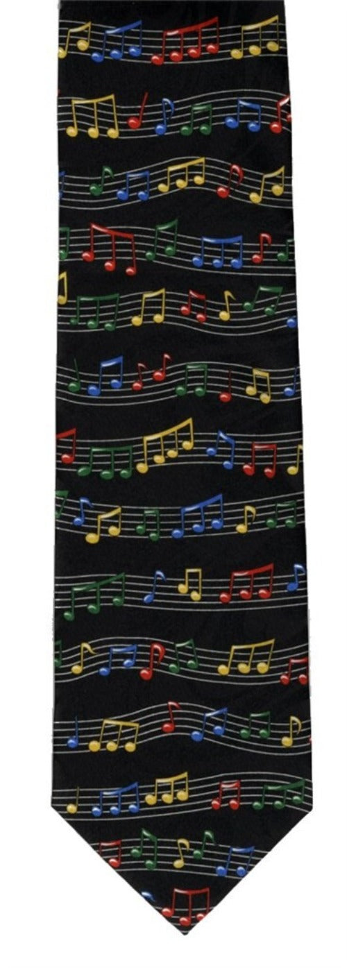 Tie with colorful musical notes on a black background