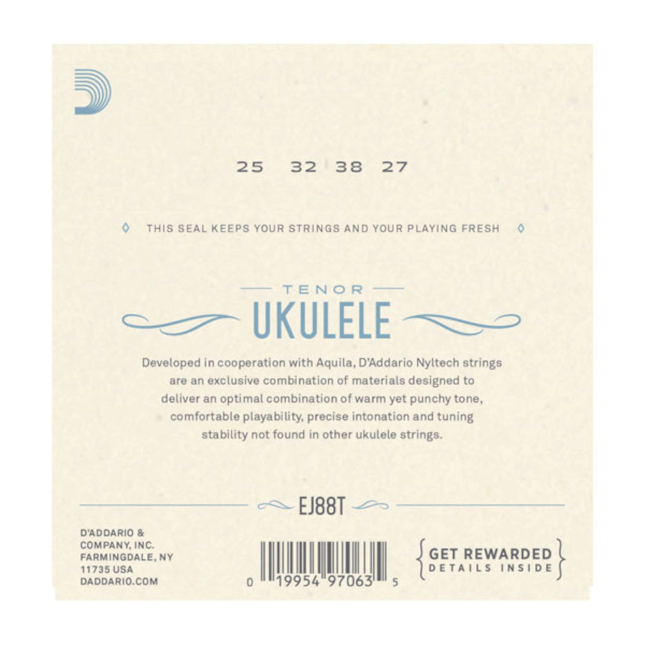 D'Addario ukulele string set packaging with product details on a beige background