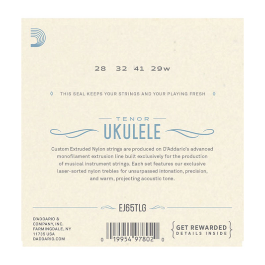 D'Addario ukulele string set packaging with product details on a beige background
