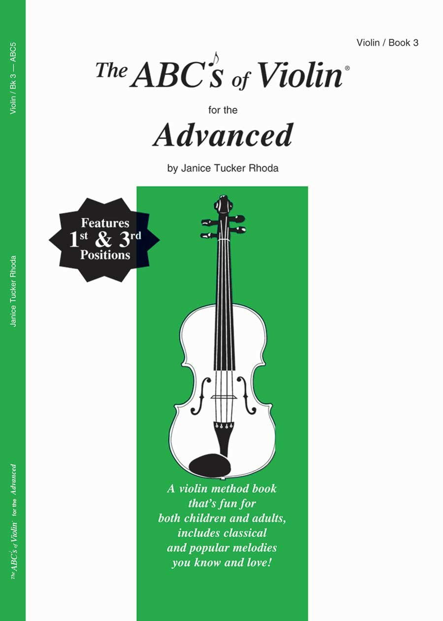 Book cover of 'The ABC's of Violin for the Advanced' by Janice Tucker Rhoda with a green border and violin illustration.