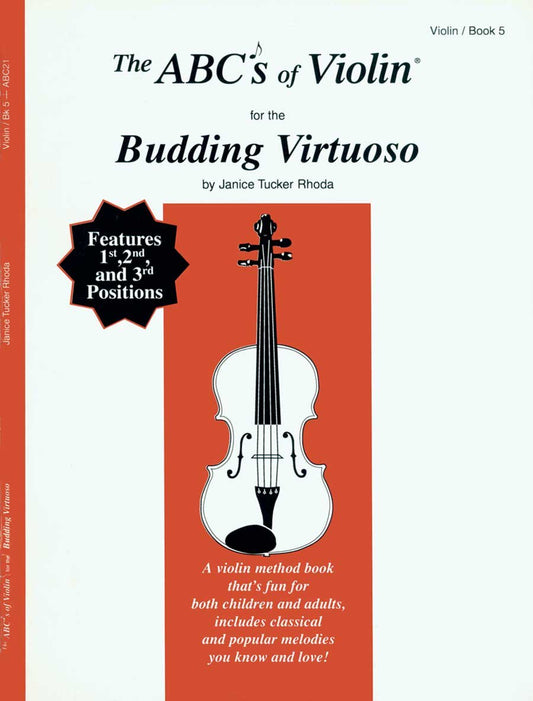 Book cover of 'The ABC's of Violin for the Budding Virtuoso' by Janice Tucker Rhoda with a violin illustration on an orange background.