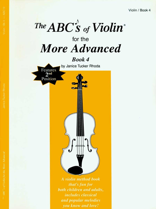 Book cover of 'The ABC's of Violin for the More Advanced Book 4' with a violin illustration on an orange and white background.