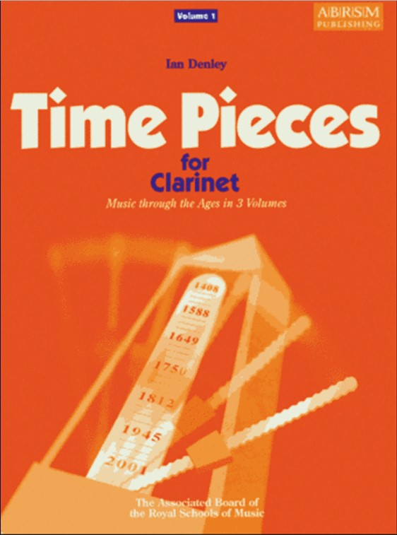 Book cover of 'Time Pieces for Clarinet' with a clarinet and vintage clock design on an orange background.