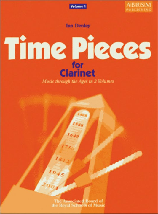 Book cover of 'Time Pieces for Clarinet' with a clarinet and vintage clock design on an orange background.