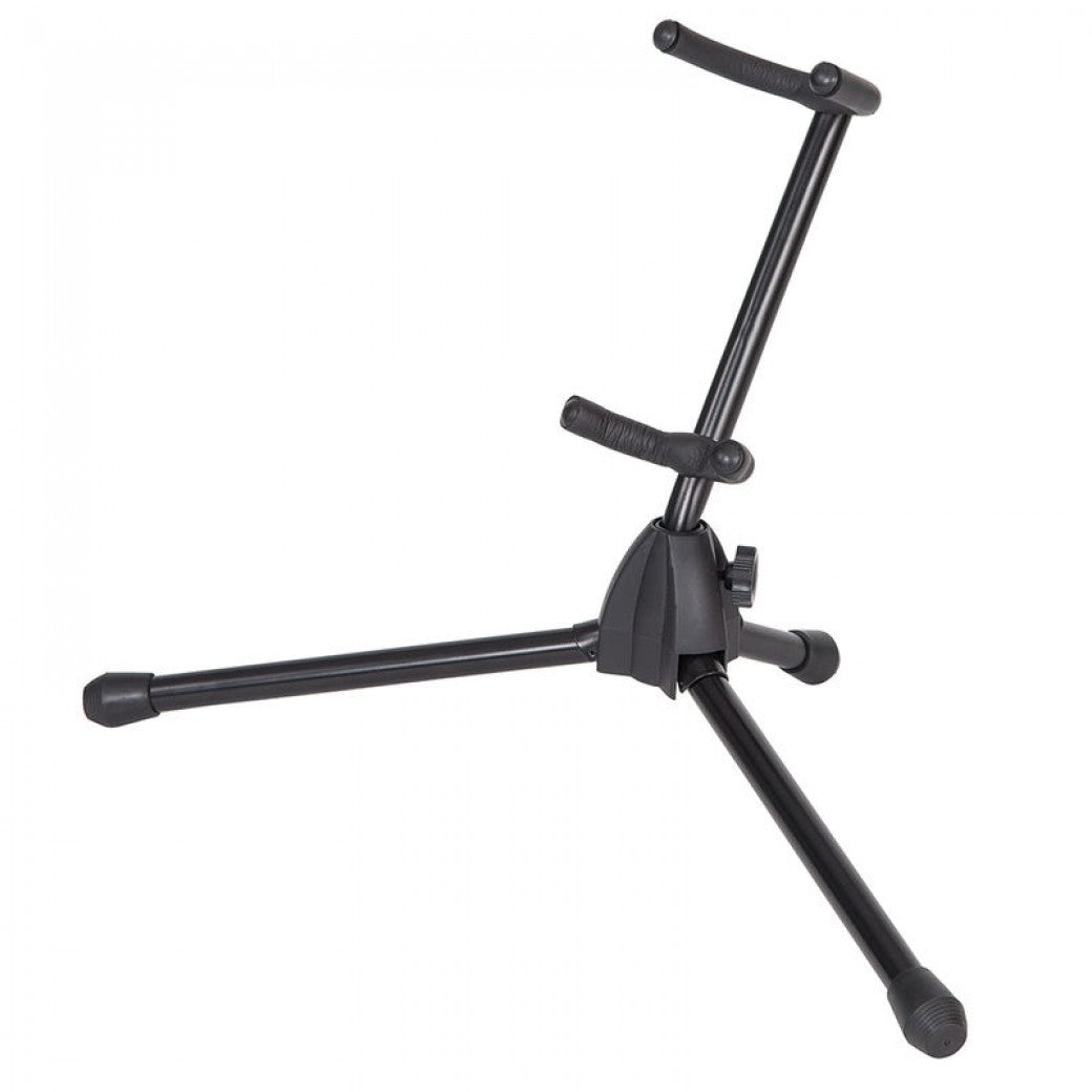 Black adjustable tripod stand on a white background