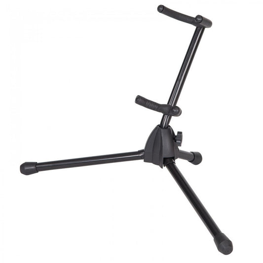 Black adjustable tripod stand on a white background